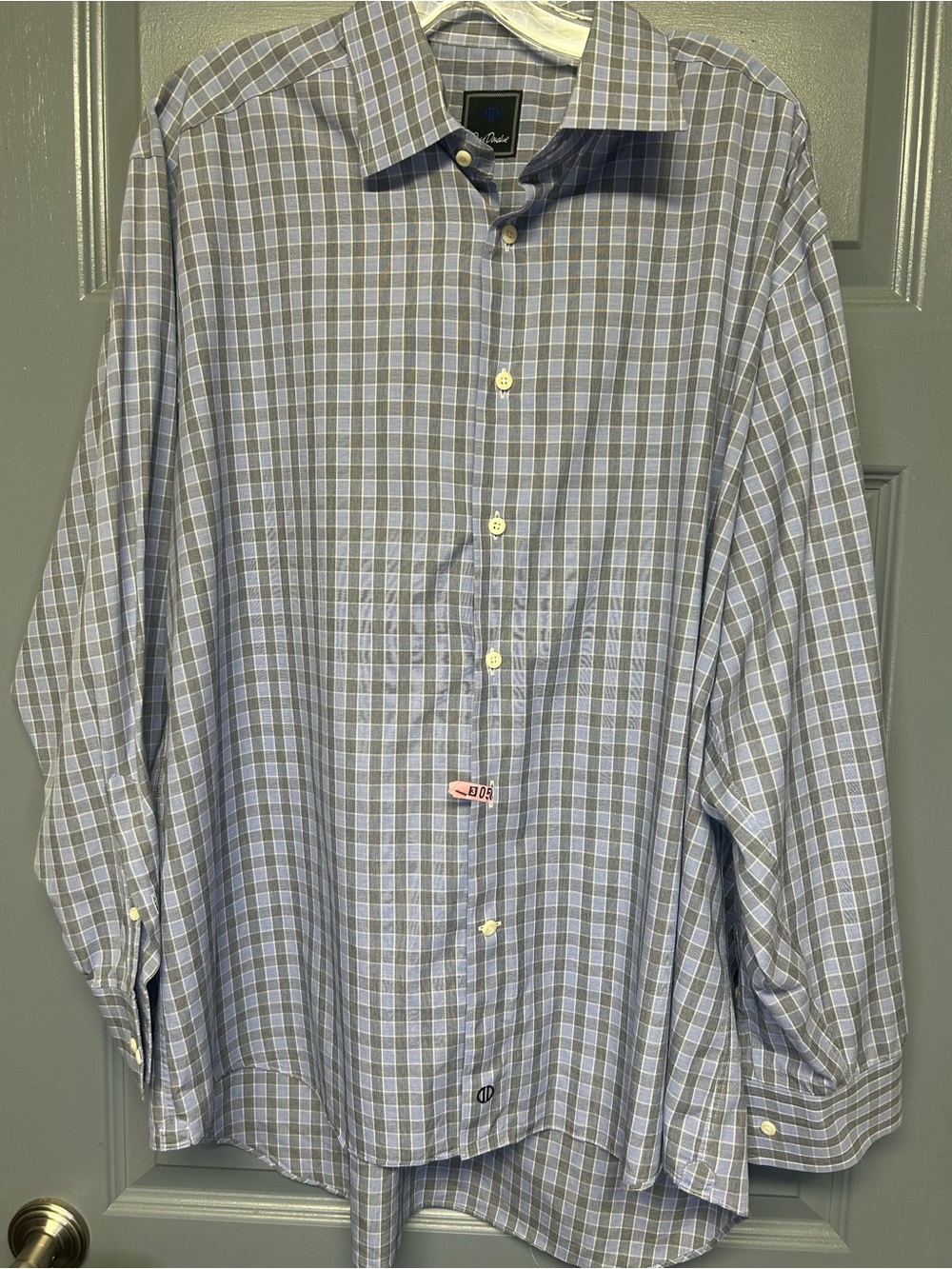 DAVID DONAHUE men’s button up black & blue check dress shirt. Size 18x34-35 EUC
